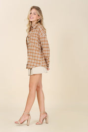 Women's Beige Plaid Button-Up Shirt