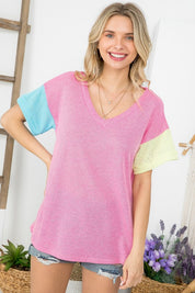 Women's Boxy Fit V Neck Colorblock Top