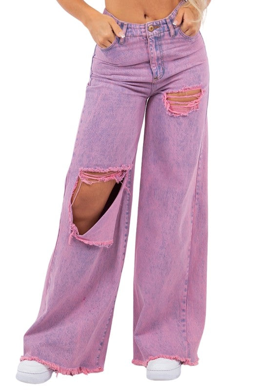 Women's Vintage Ripped Wide Leg Jeans in Mineral Pink