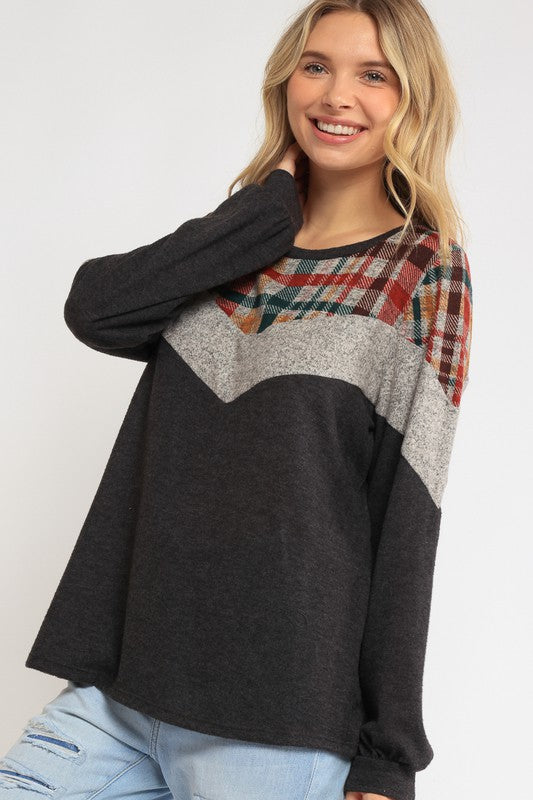 Women's Loose Fit Plaid Color Block Top