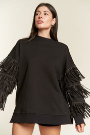 Women's Oversized Silver Studded Fringe Sleeve Top