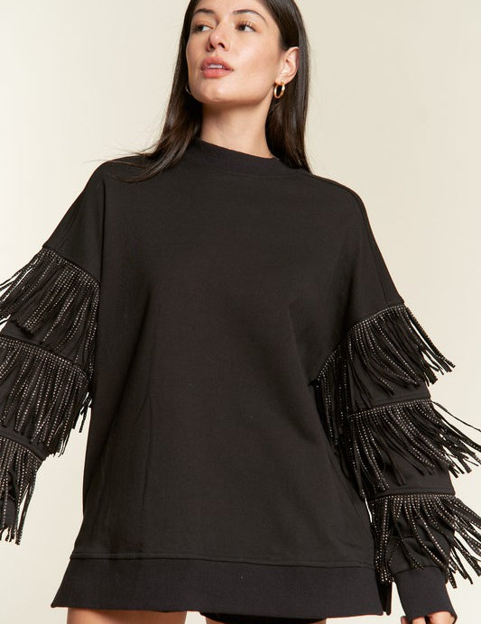 Women's Oversized Silver Studded Fringe Sleeve Top