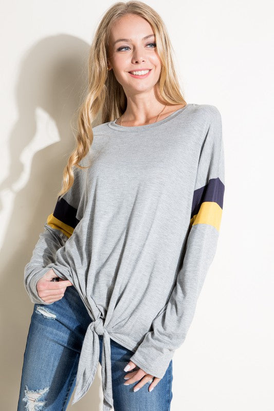 Women's Casual Color Block Front Tie Long Sleeve Top