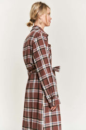 Women's Belted Plaid Print Long Shirt Dress