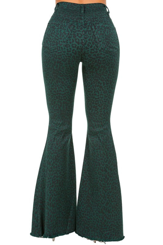 Women's Pine Green Leopard Print Bell Bottom Jeans