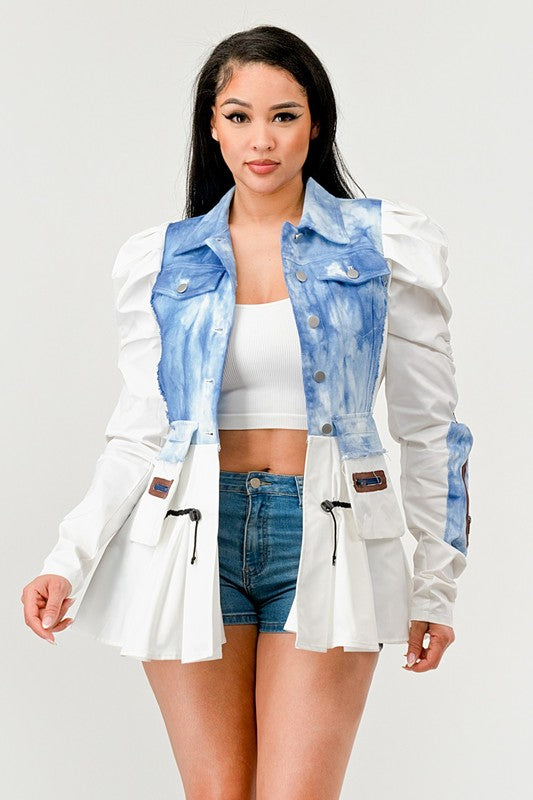 Women's Peplum Denim Jacket with Puffy Sleeves