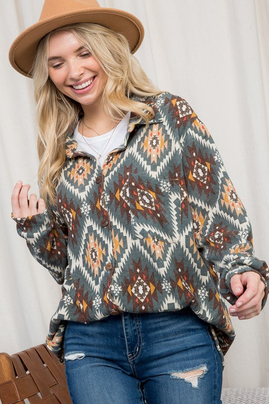 Women's Plus Oversized Fuzzy Aztec Button Down Shacket