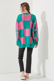 Women's Checkered Oversized Sweater with Button Closure