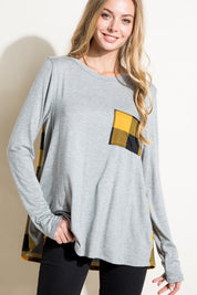 Women's Loose Fit Solid and Plaid Long Sleeve Top