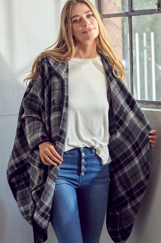 Women's Casual Plaid Toggle Cloak Poncho