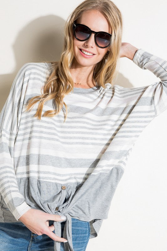 Women's Loose Fit Stripe and Solid Long Sleeve Top