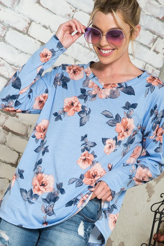 Women's Oversized Floral V Neck Pullover Top