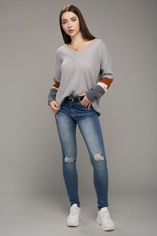 Women's Color Block V-Neck Dropped Shoulder Sweater