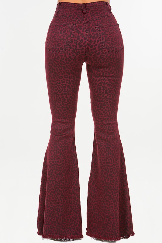 Women's High Rise Leopard Print Bell Bottom Jeans