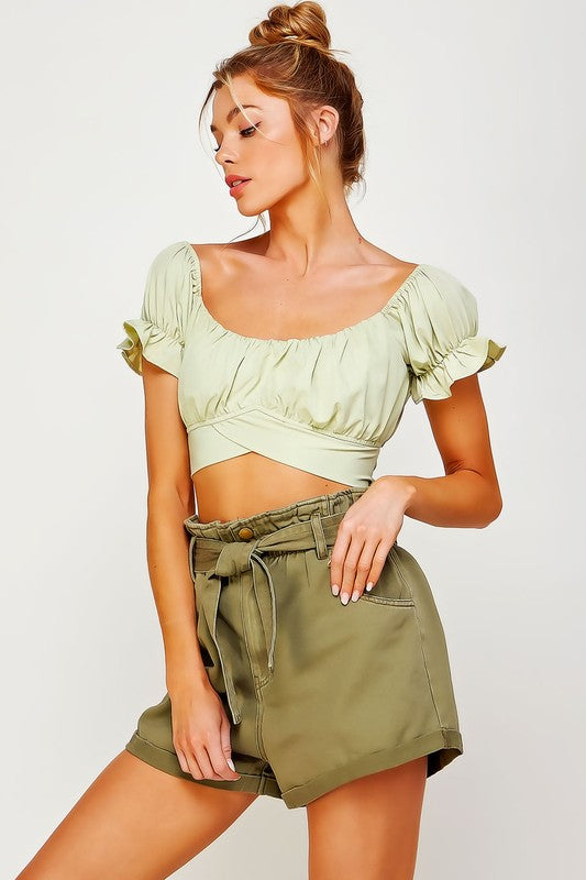 Women's Pleated Off Shoulder Crop Top with Back Ribbon Tie