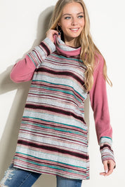 Women's Casual Multi Stripe Turtle Neck Tunic Top