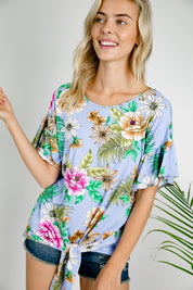 Women's Floral Ruffle Sleeve Tie Bottom Top