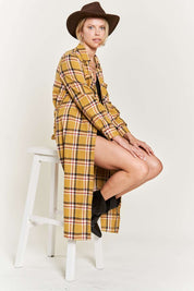 Women's Belted Plaid Print Long Shirt Dress