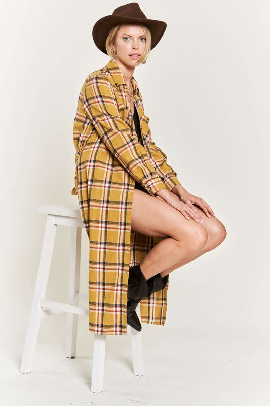 Women's Belted Plaid Print Long Shirt Dress