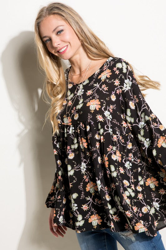 Women's Casual Floral V-Neck Loose Fit Baby Doll Top