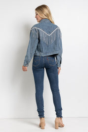 Women's Loose Fit Crop Denim Jacket with Rhinestone Fringe