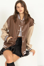 Women's Colorblock Loose Fit Baseball Jacket