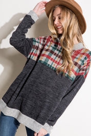 Women's Casual Loose Fit Mock Neck Plaid Top