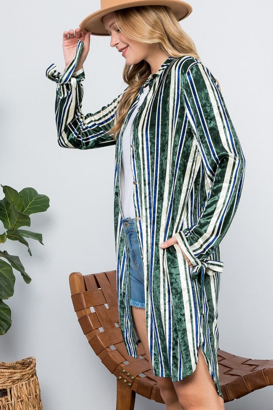 Women's Casual Stripe Velvet Long Cardigan