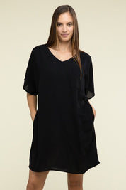 Women's Casual Relaxed V-Neck T-Shirt Dress with Pockets