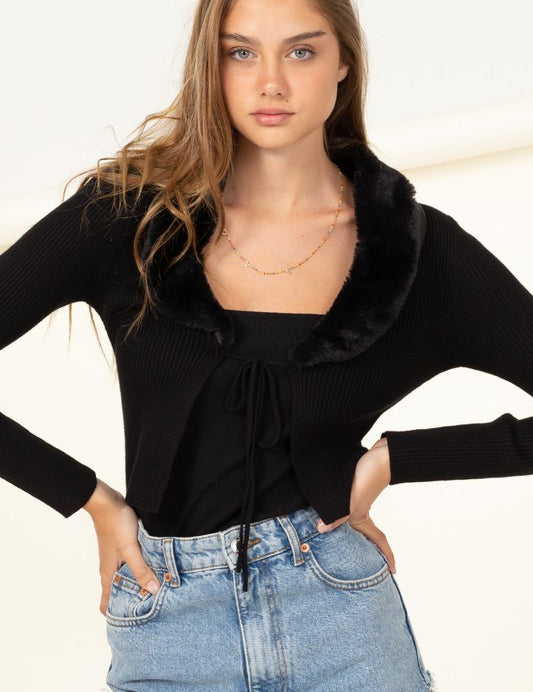 Women's Loose Fit Ribbed Cardigan with Fur Trim