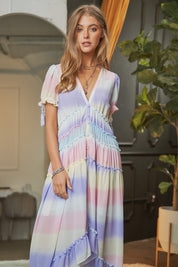 Women's Ombre Striped V-Neck Maxi Dress with Puff Sleeves