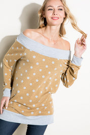 Plus Size Off Shoulder Polka Dot Long Sleeve Top