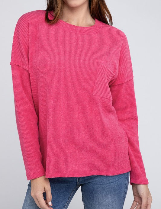 Ribbed Brushed Melange Hacci Sweater with a Pocket