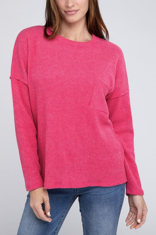 Women's Oversized Ribbed Melange Hacci Sweater with Pocket