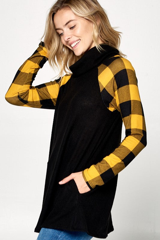 Women's Loose Fit Plaid Mixed Turtle Neck Tunic Top