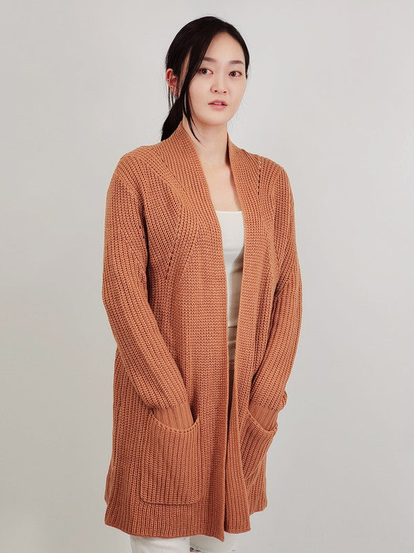 Women's Cozy Open Front Waffle Knit Cardigan with Pockets