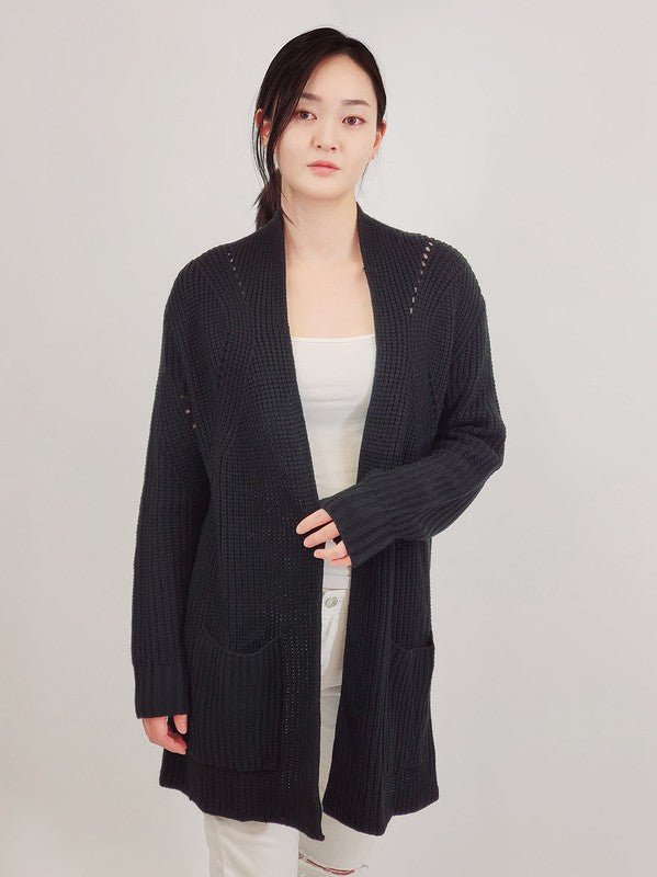 Women's Cozy Open Front Waffle Knit Cardigan with Pockets