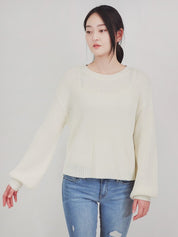 Women's Cozy Puff Bell Sleeve Waffle Knit Sweater Top