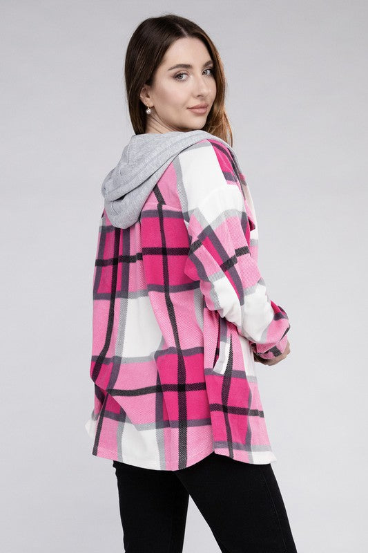 Women's Casual Hooded Plaid Fleece Shacket