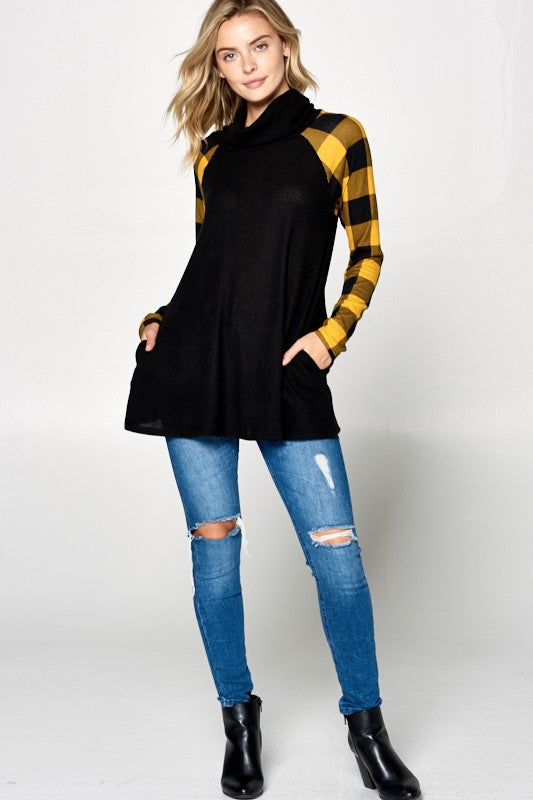 Women's Loose Fit Plaid Mixed Turtle Neck Tunic Top