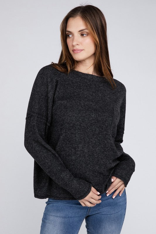 Women's Oversized Ribbed Melange Hacci Sweater with Pocket