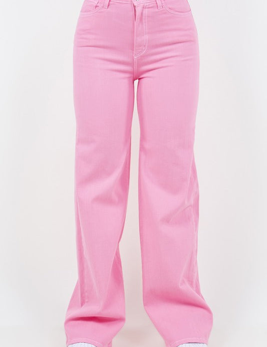 Women's High Rise Wide Leg Jeans in Bubblegum Pink