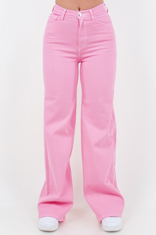 Women's High Rise Wide Leg Jeans in Bubblegum Pink