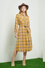 Women's Belted Plaid Print Long Shirt Dress