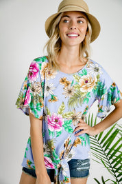 Women's Floral Ruffle Sleeve Tie Bottom Top