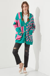 Women's Checkered Oversized Sweater with Button Closure