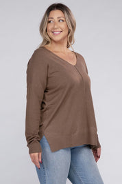 Women's Plus Oversized V-Neck Garment Dyed Sweater