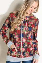 Women's Casual Plaid Floral Mix Hoodie Sweatshirt