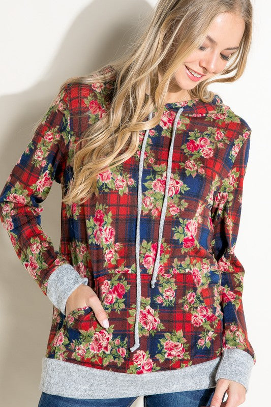 Women's Casual Plaid Floral Mix Hoodie Sweatshirt