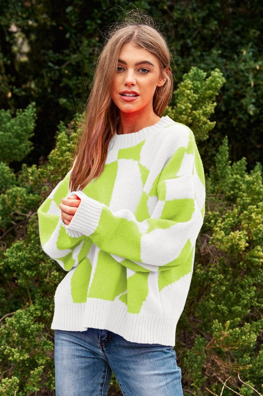 Women's Oversized Geo Checker Knit Sweater Top